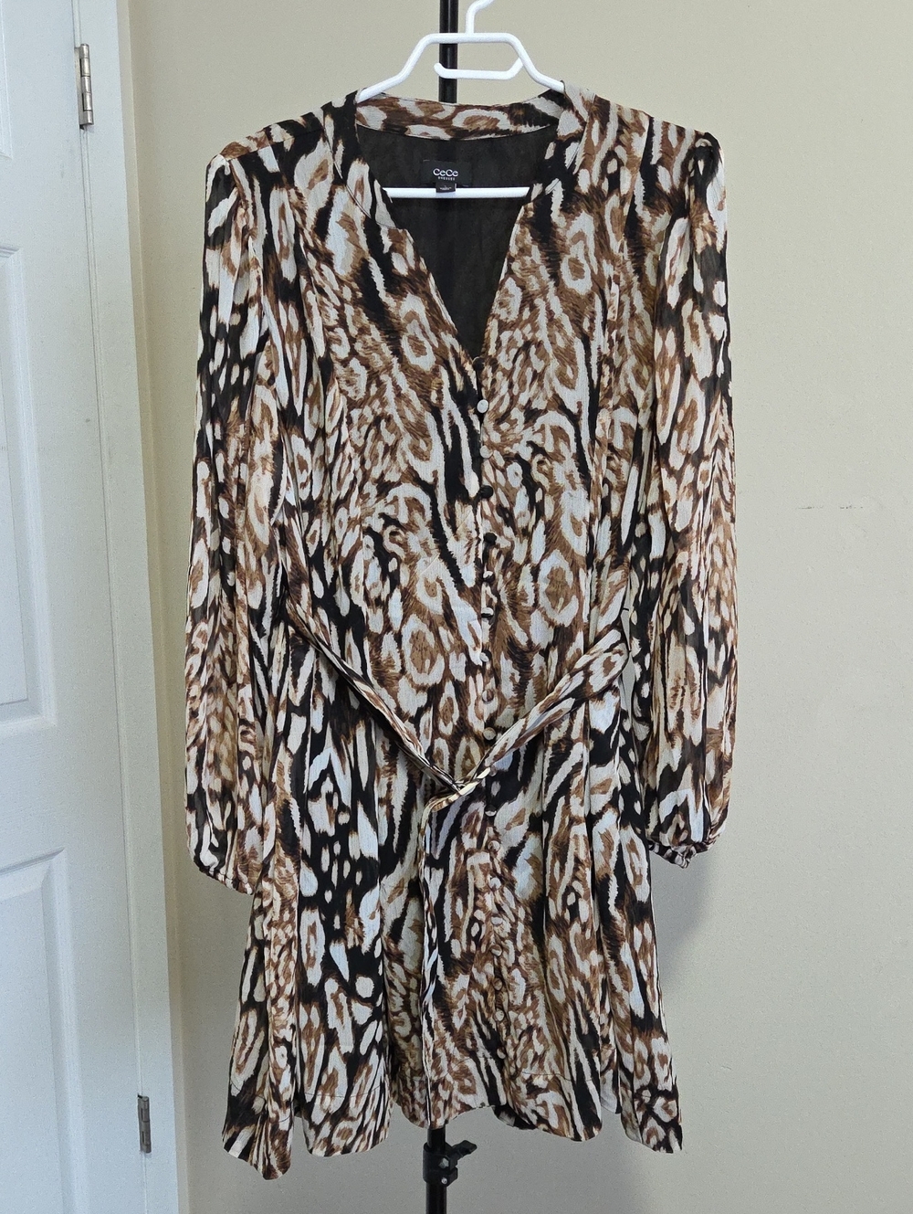 CeCe Brown and Cream Animal-Print Long Sleeve Wrap Dress